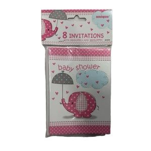 8 baby shower invitations. Pink and white with elephant on front, new in package